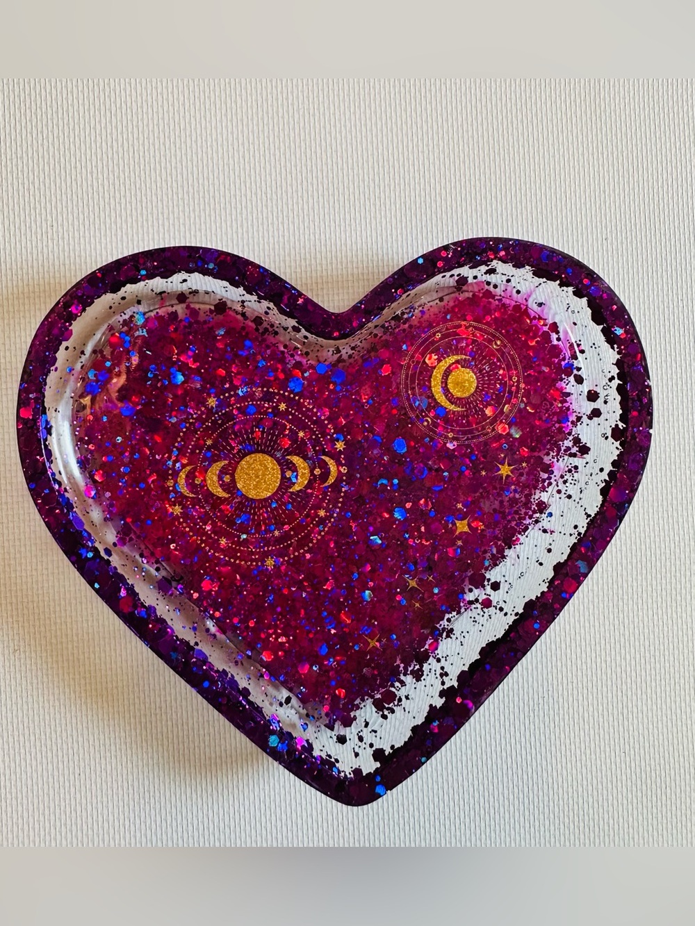 Handcrafted Resin Purple Heart Glitter Trinket Dish with Gold Moon Accents